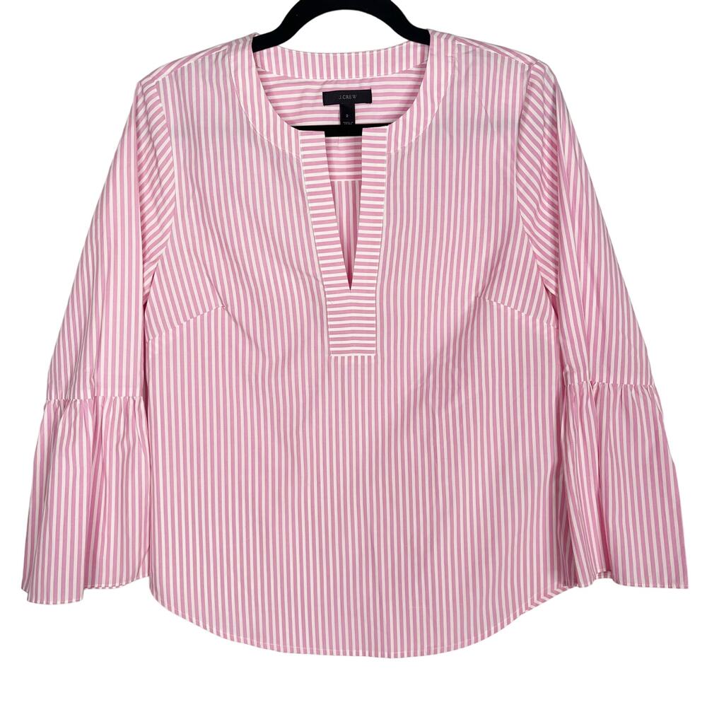 J Crew Womens Size 2 Pink White Bell 3/4 Sleeve Blouse Top Split V Neck Cotton